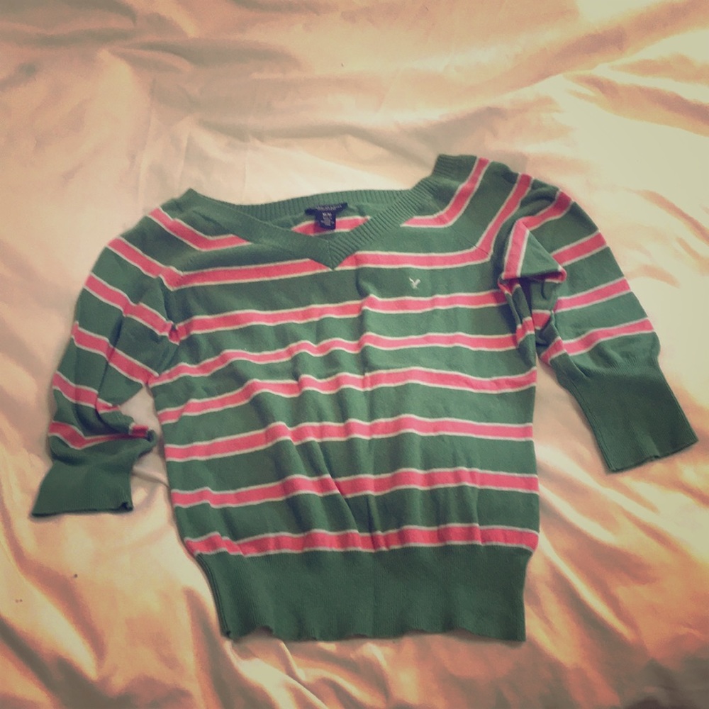 American Eagle Pink & Green Stripe Sweater